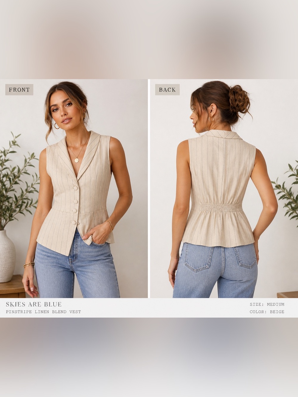 Skies Are Blue Linen Blend Vest Women M Beige Pinstripe Button Top Chic - Picture 1 of 8